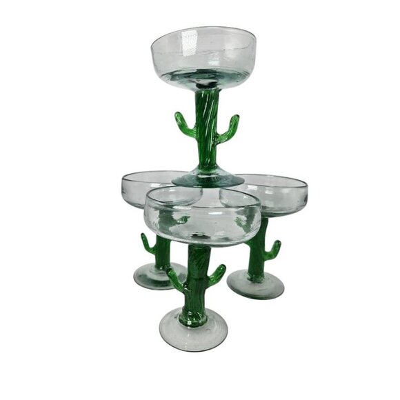 Set of 4 Margarita Glasses Hand Blown Clear Mexican Glass Green Cactus Stem - Picture 2 of 7